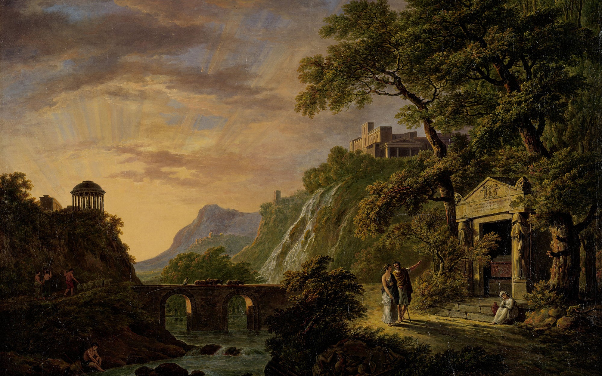 Arcadisch landschap met ondergaande zon