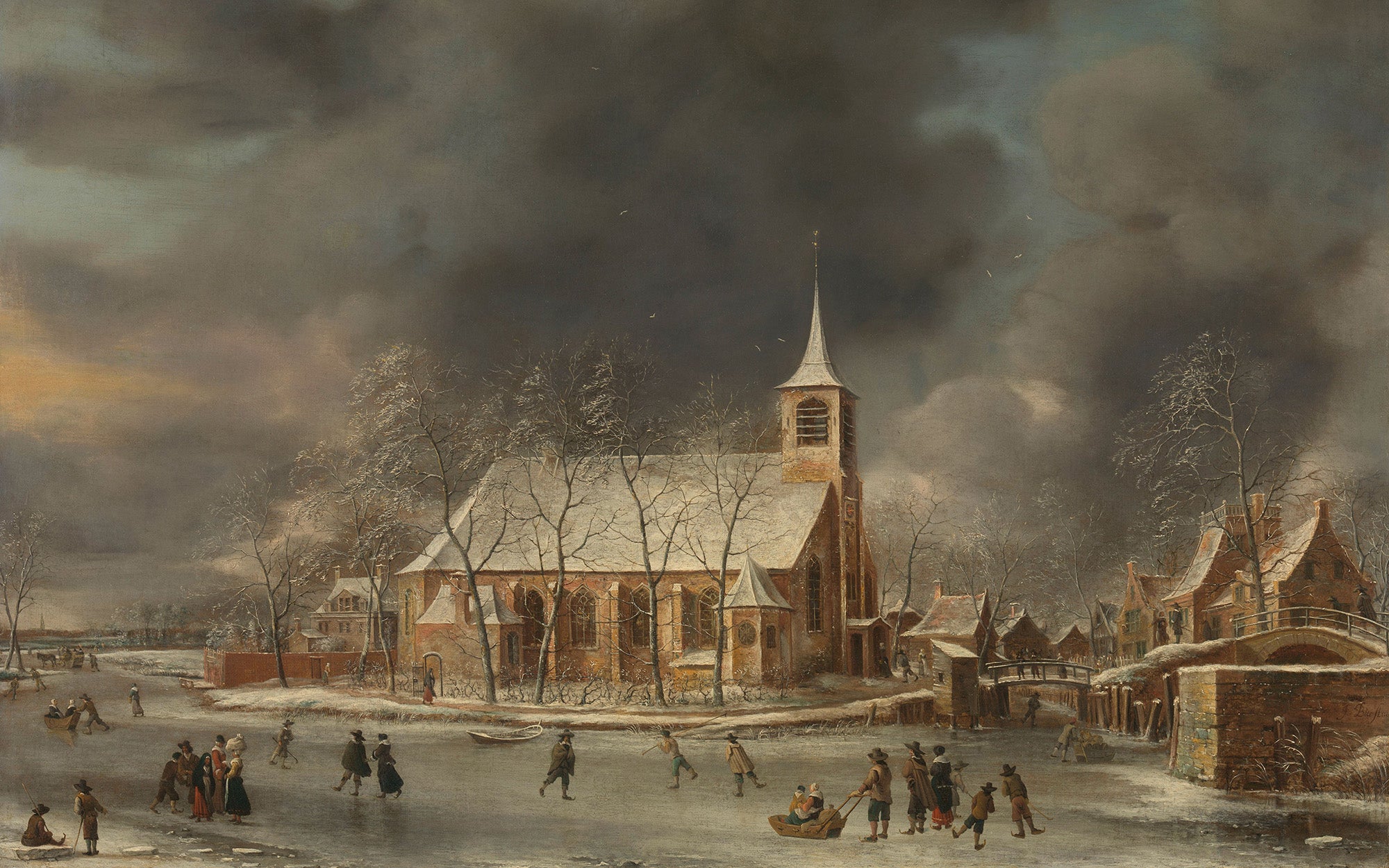 Gezicht op de kerk te Sloten in de winter