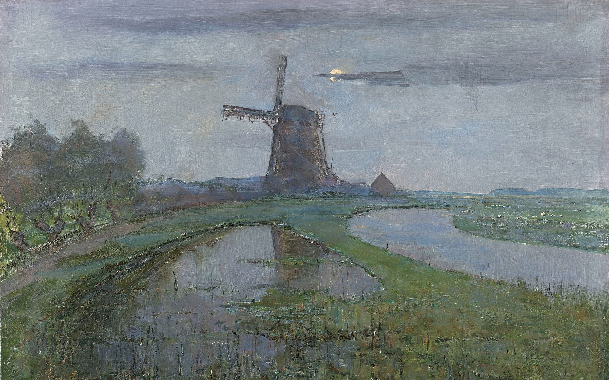 Oostzijdse molen aan het Gein bij maanlicht