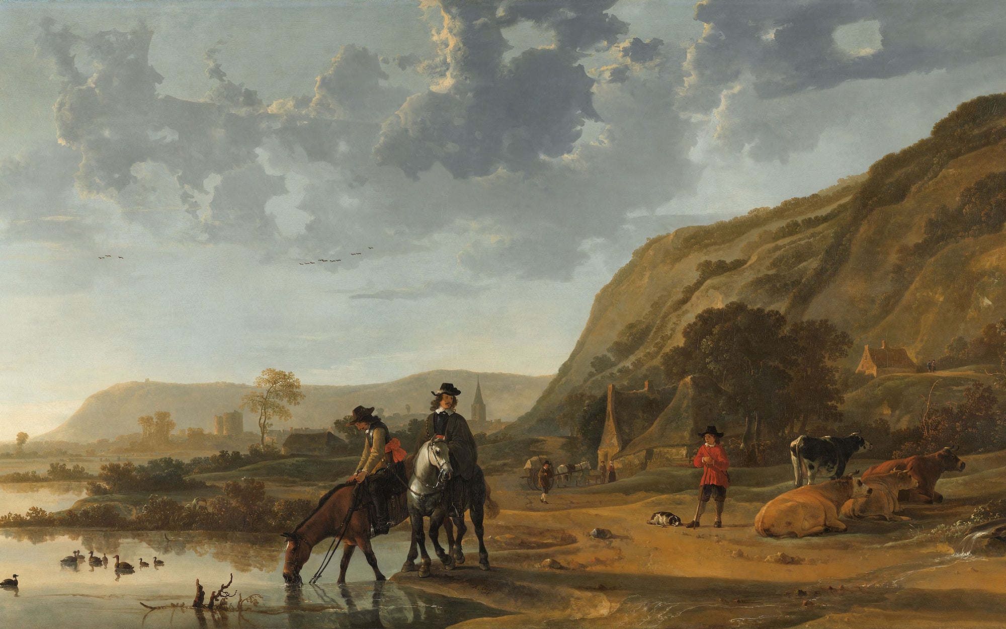Rivierlandschap met ruiters