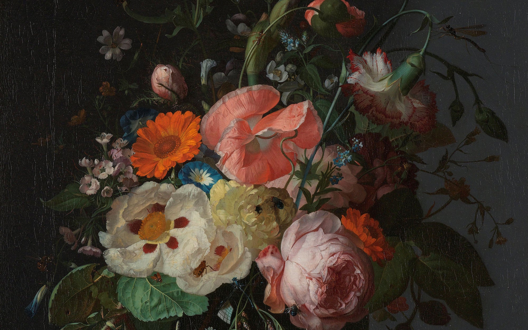 Stilleven met bloemen op een marmeren tafelblad