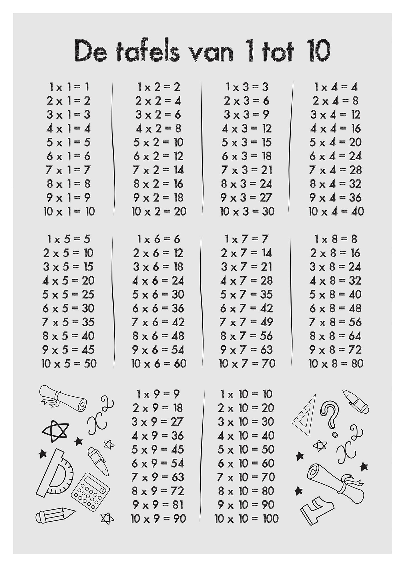 De tafels van 1 tot 10 (grijs)
